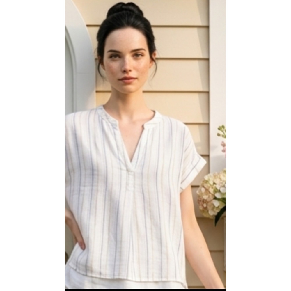 Madewell Small Boxy V-Neck Striped Hi Lo Hem Coastal Cotton Top White Blue